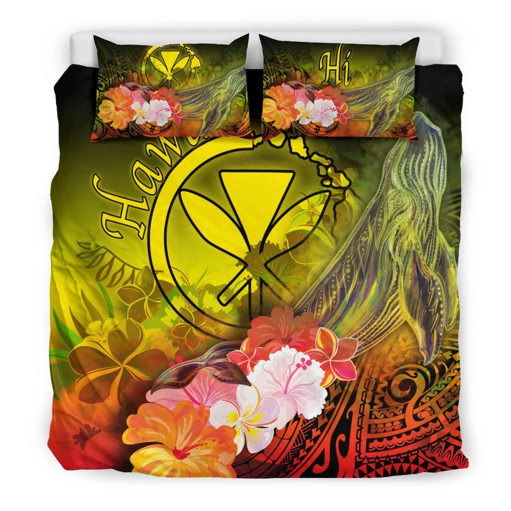 Polynesian Hawaii Bedding Set - Kanaka Maoli Humpback Whale With Tropical Flowers (Yellow)