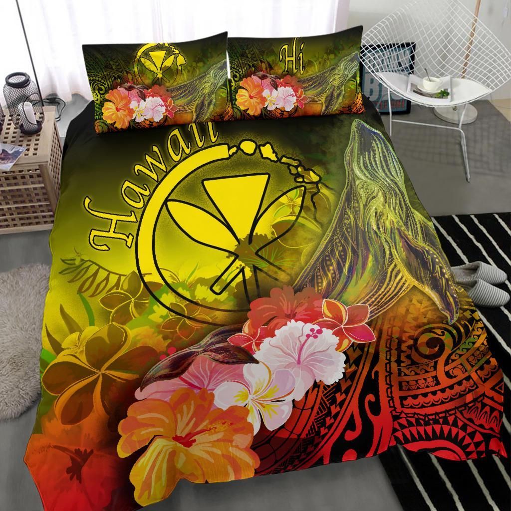 Polynesian Hawaii Bedding Set - Kanaka Maoli Humpback Whale With Tropical Flowers (Yellow)
