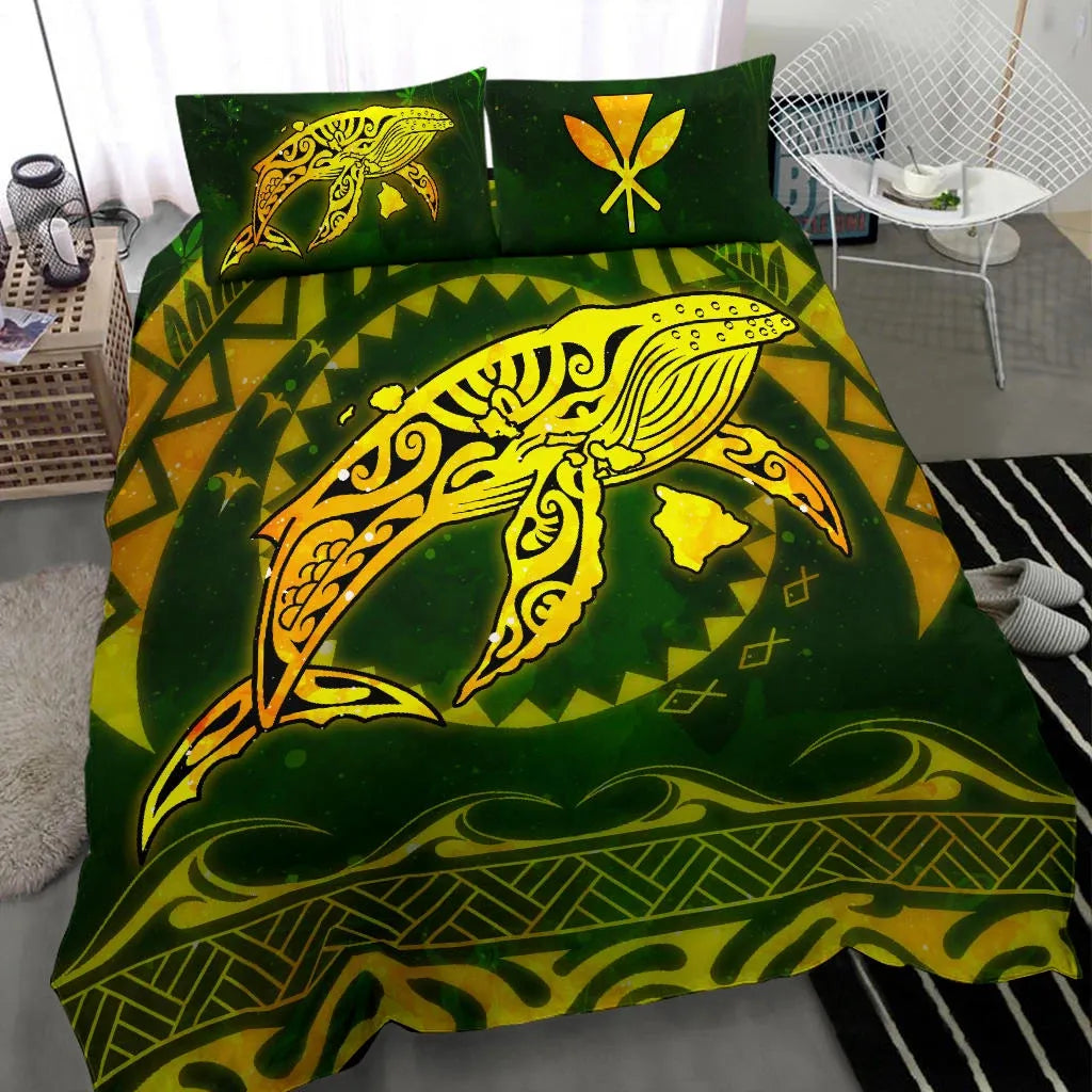 Polynesian Hawaii Bedding Set - Whale Hawaii Map Gold Galaxy