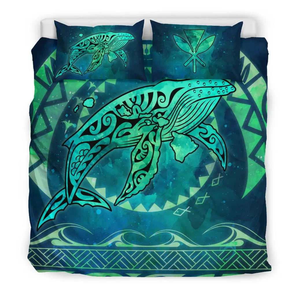 Polynesian Hawaii Bedding Set - Whale Hawaii Map Green Galaxy