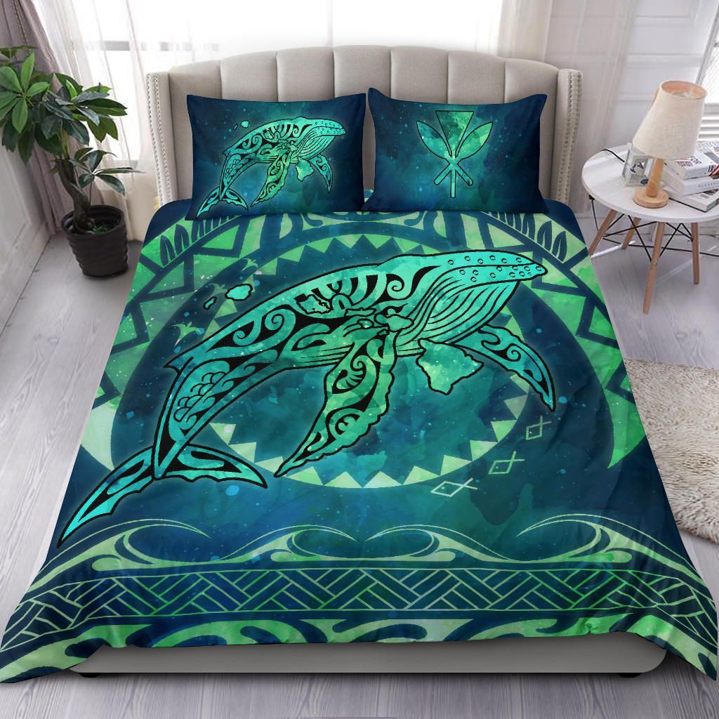 Polynesian Hawaii Bedding Set - Whale Hawaii Map Green Galaxy