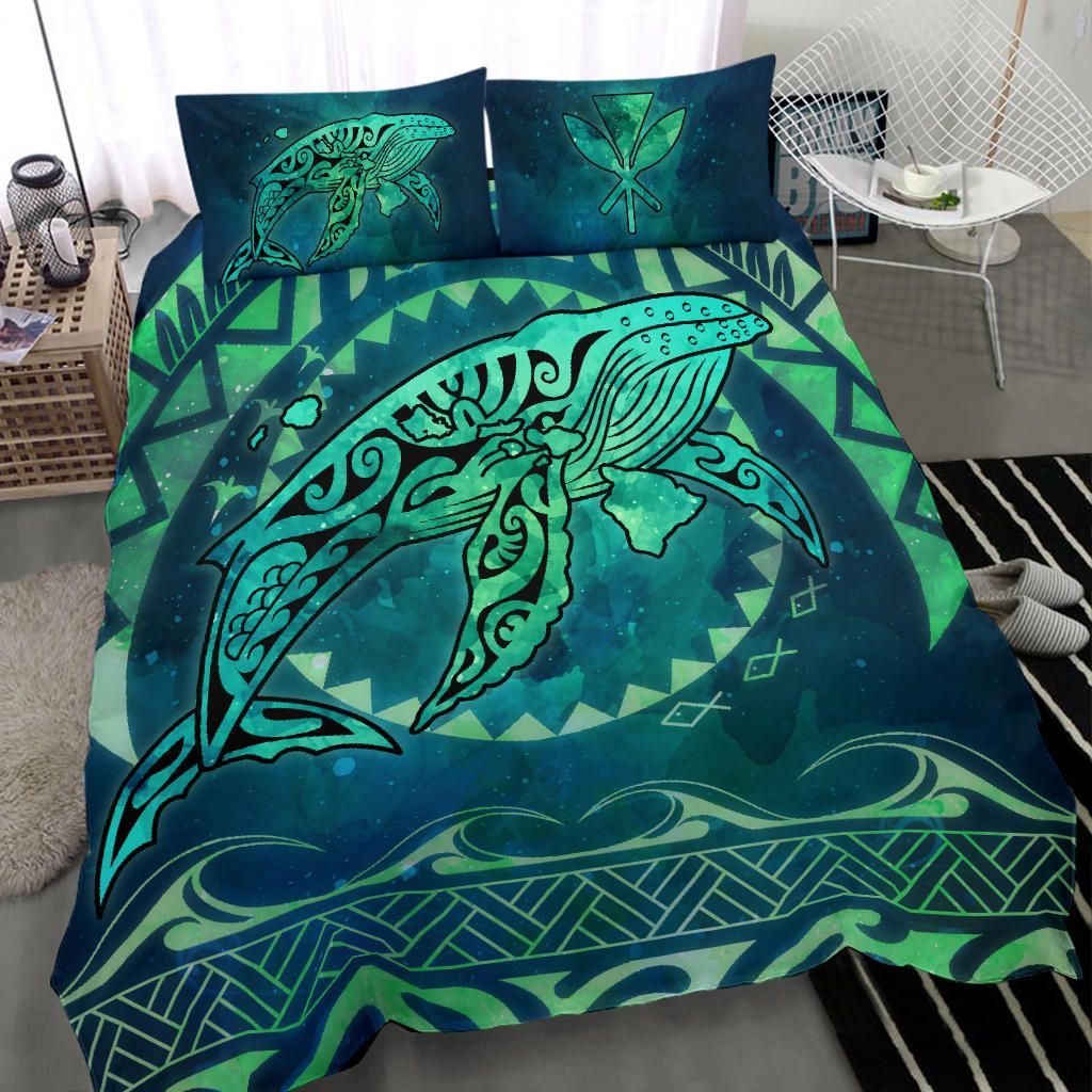 Polynesian Hawaii Bedding Set - Whale Hawaii Map Green Galaxy