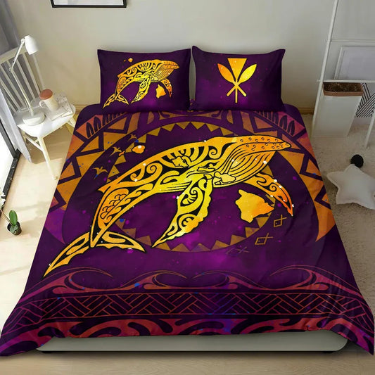 Polynesian Hawaii Bedding Set - Whale Hawaii Map Purple Galaxy