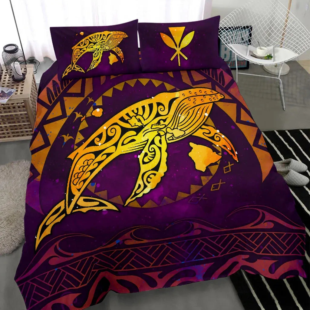Polynesian Hawaii Bedding Set - Whale Hawaii Map Purple Galaxy