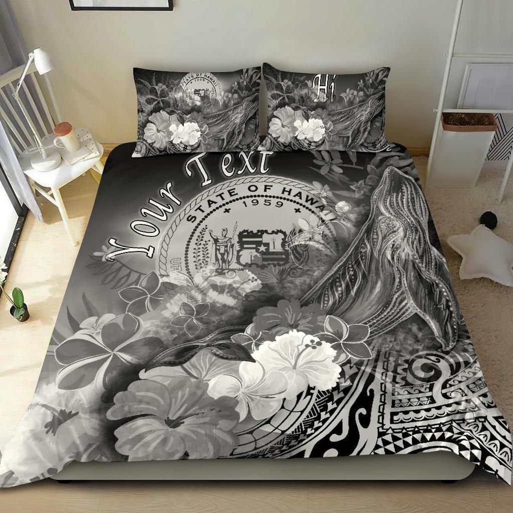 Polynesian Hawaii Custom Personalised Bedding Set - Humpback Whale With Tropical Flowers (White)