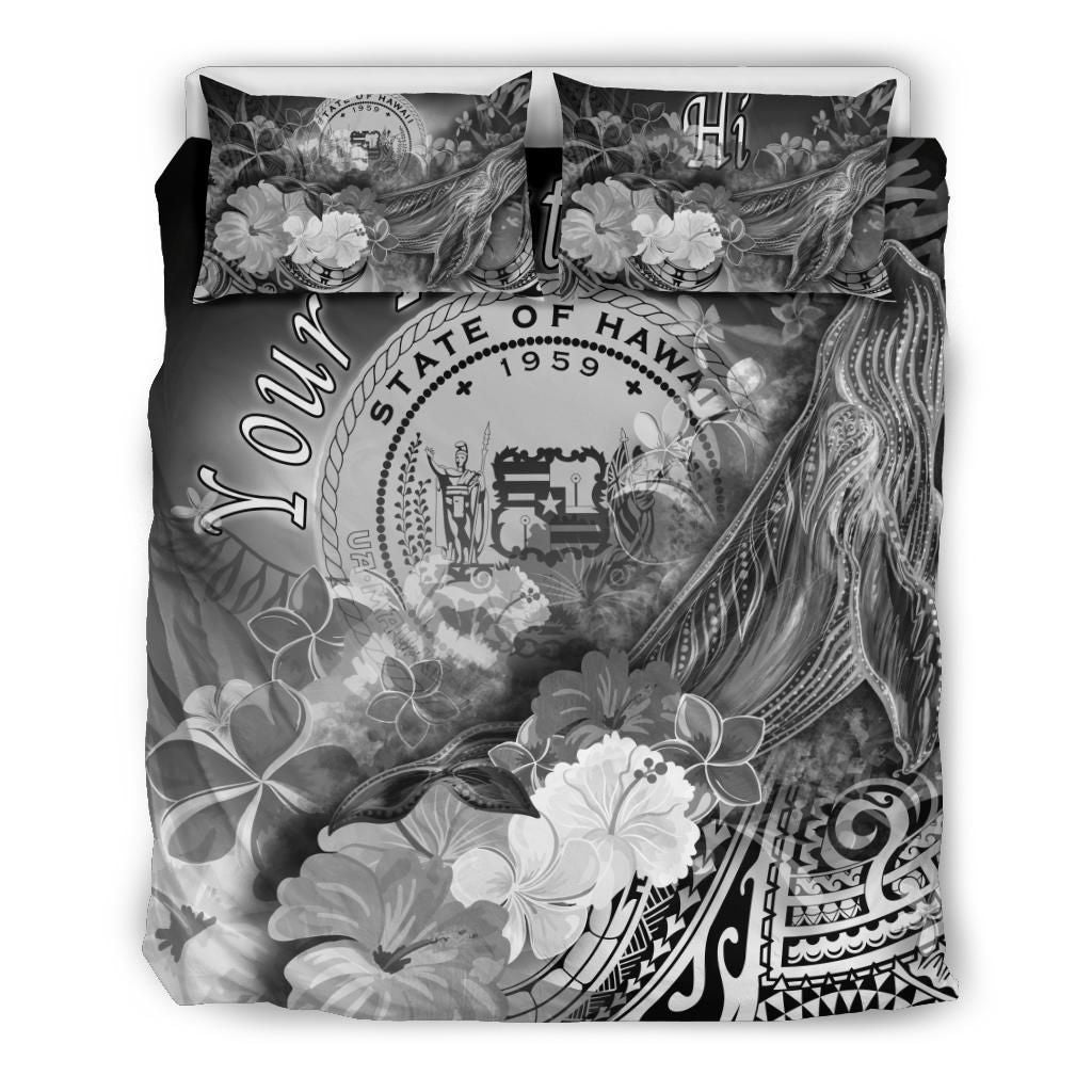 Polynesian Hawaii Custom Personalised Bedding Set - Humpback Whale With Tropical Flowers (White)