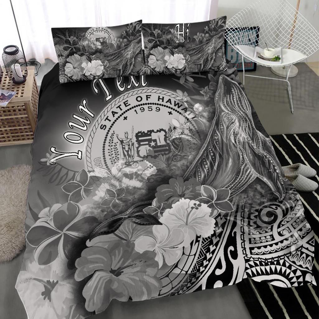 Polynesian Hawaii Custom Personalised Bedding Set - Humpback Whale With Tropical Flowers (White)