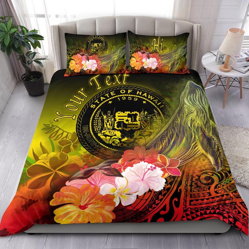 Polynesian Hawaii Custom Personalised Bedding Set - Humpback Whale With Tropical Flowers (Yellow)