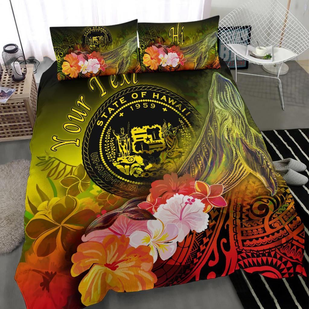 Polynesian Hawaii Custom Personalised Bedding Set - Humpback Whale With Tropical Flowers (Yellow)
