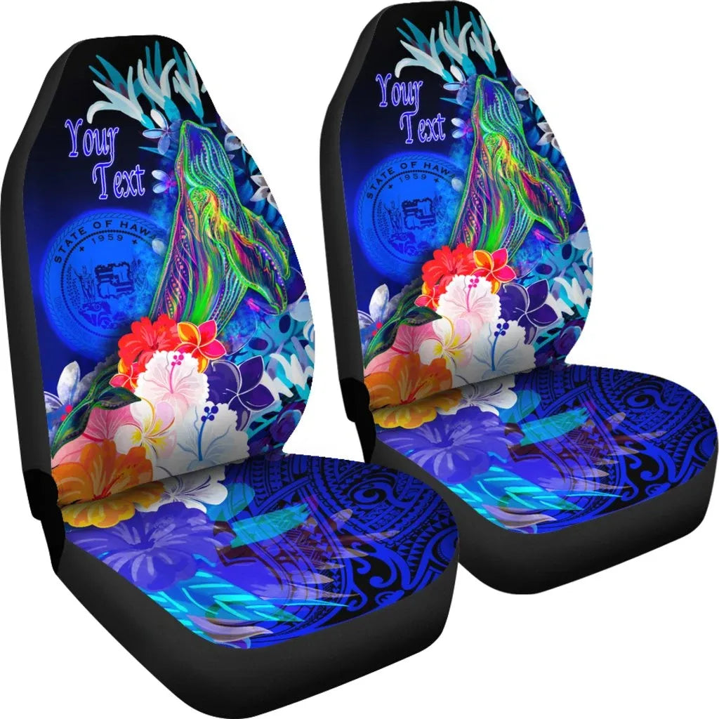 Polynesian Hawaii Custom Personalised Car Seat Covers - Humpback Whale with Tropical Flowers (Blue)