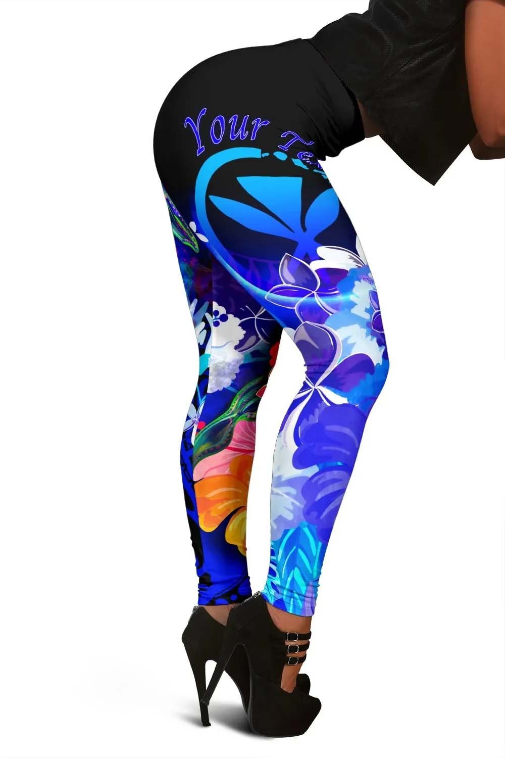 Polynesian Hawaii Custom Personalised Legging - Kanaka Maoli  Humpback Whale with Tropical Flowers (Blue)
