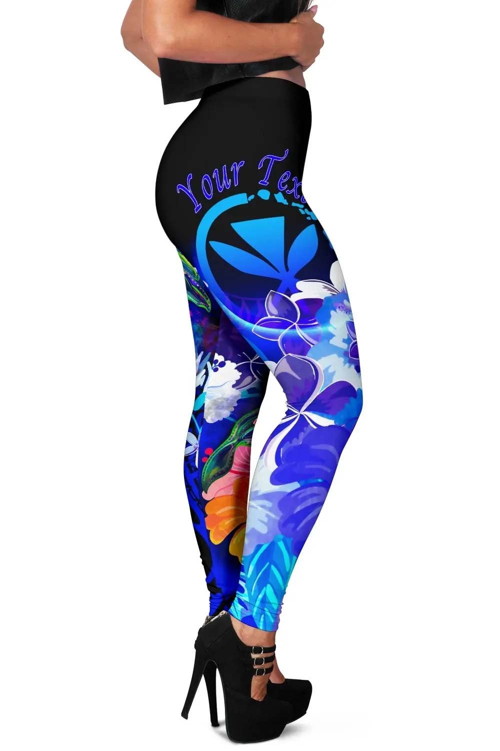 Polynesian Hawaii Custom Personalised Legging - Kanaka Maoli  Humpback Whale with Tropical Flowers (Blue)