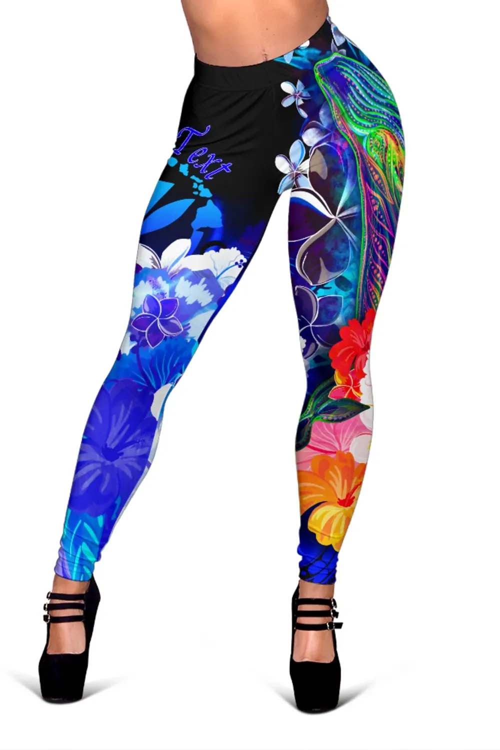 Polynesian Hawaii Custom Personalised Legging - Kanaka Maoli  Humpback Whale with Tropical Flowers (Blue)