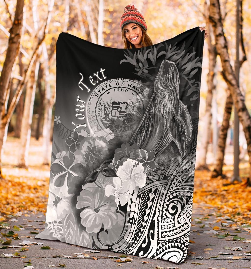 Polynesian Hawaii Custom Personalised Premium Blanket - Humpback Whale with Tropical Flowers (White)
