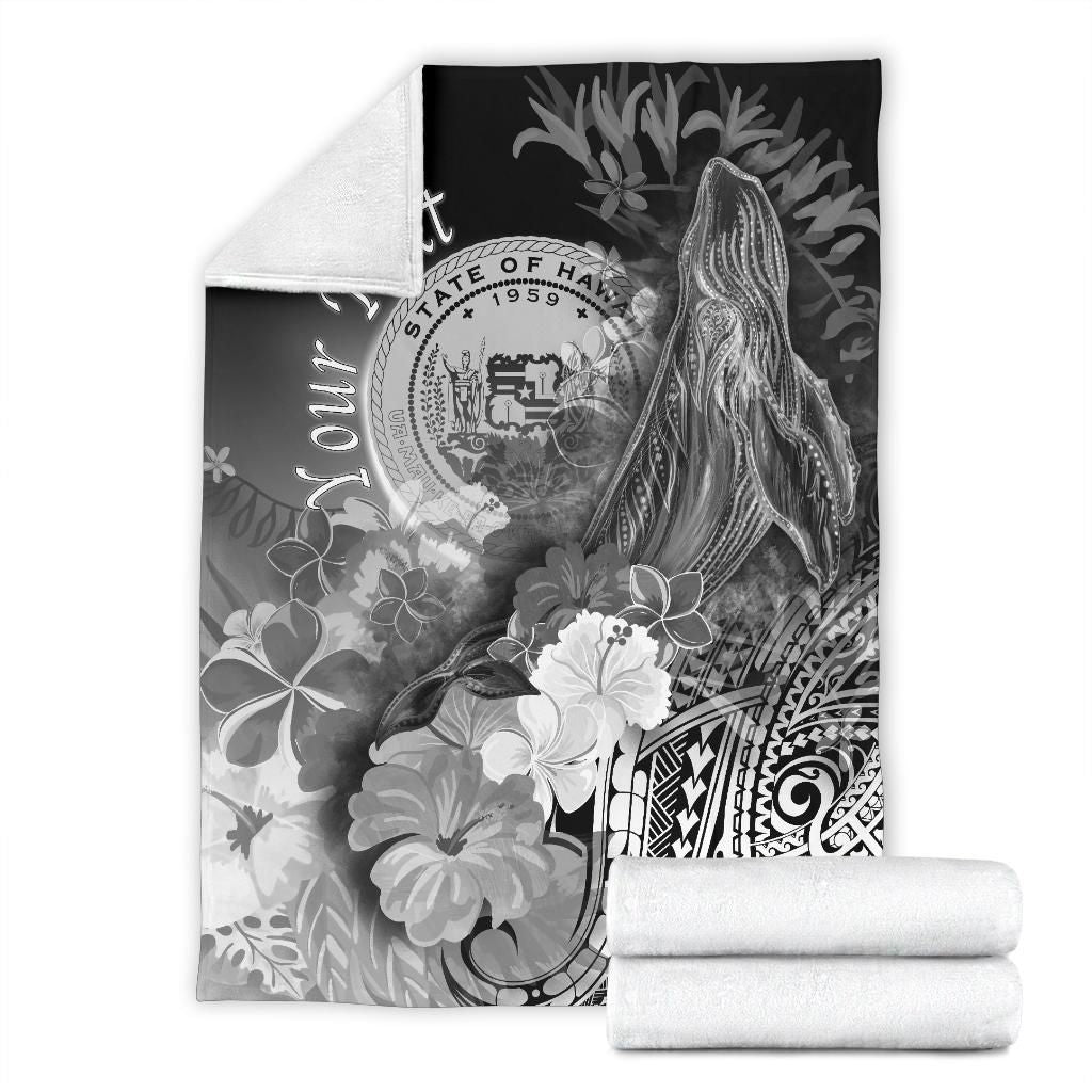 Polynesian Hawaii Custom Personalised Premium Blanket - Humpback Whale with Tropical Flowers (White)