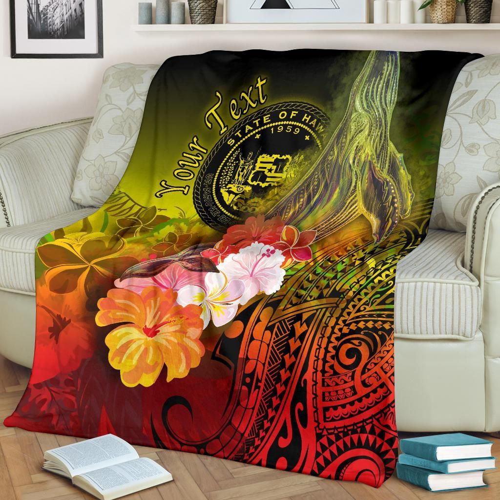Polynesian Hawaii Custom Personalised Premium Blanket - Humpback Whale with Tropical Flowers (Yellow)