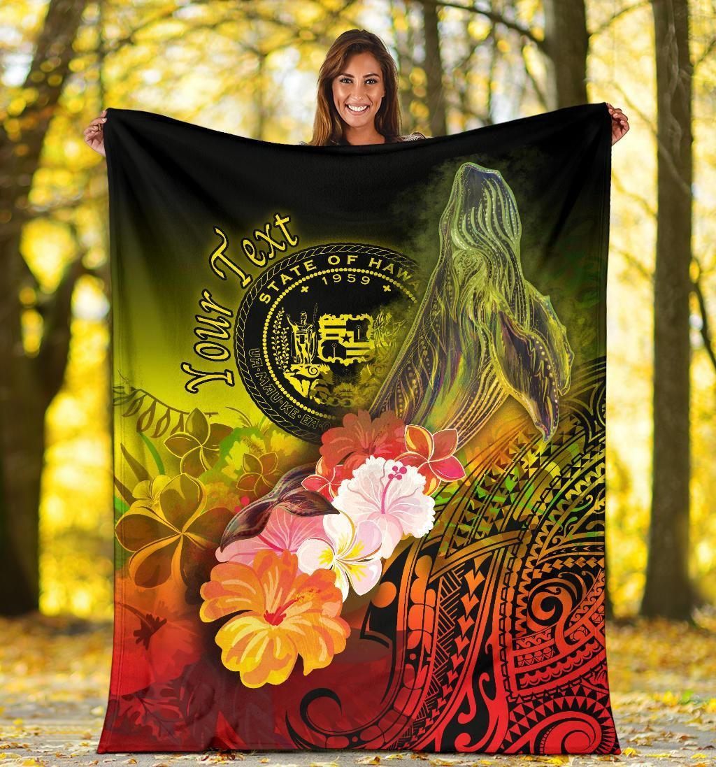 Polynesian Hawaii Custom Personalised Premium Blanket - Humpback Whale with Tropical Flowers (Yellow)