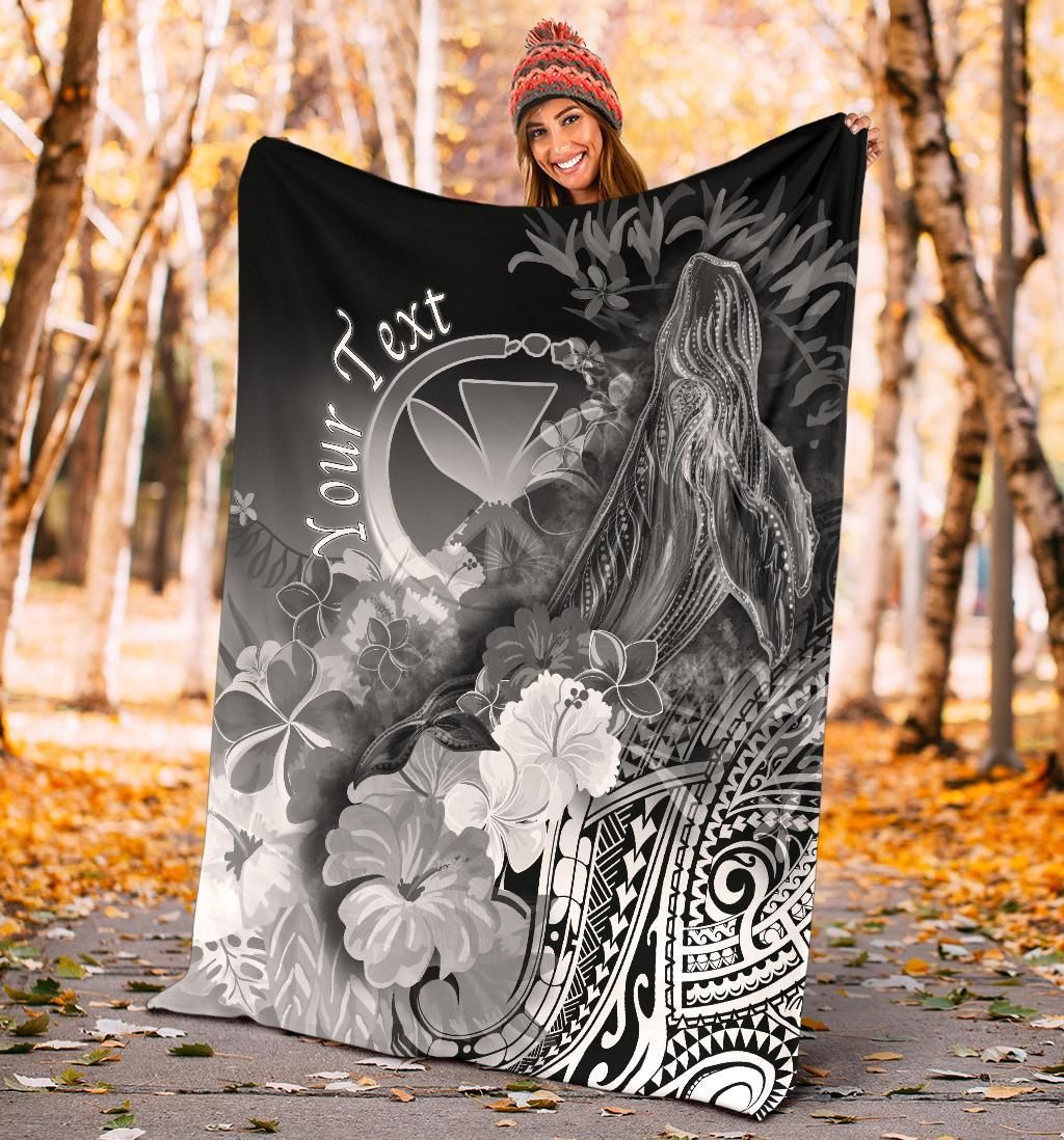Polynesian Hawaii Custom Personalised Premium Blanket - Kanaka Maoli  Humpback Whale with Tropical Flowers (White)