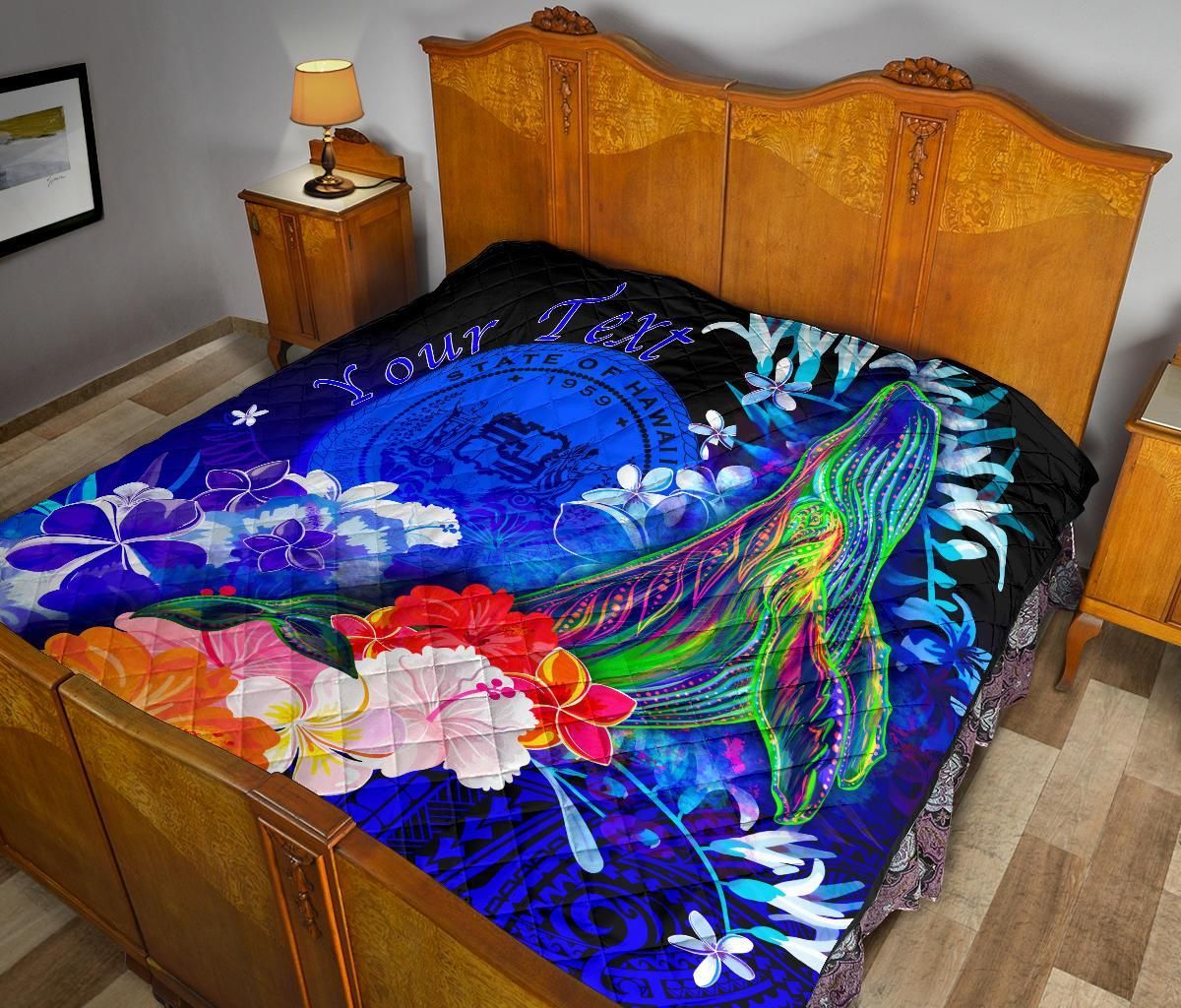 Polynesian Hawaii Custom Personalised Premium Quilt - Humpback Whale with Tropical Flowers (Blue)