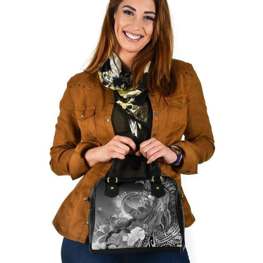 Polynesian Hawaii Custom Personalised Shoulder Handbags - Kanaka Maoli Humpback Whale With Tropical Flowers (White)