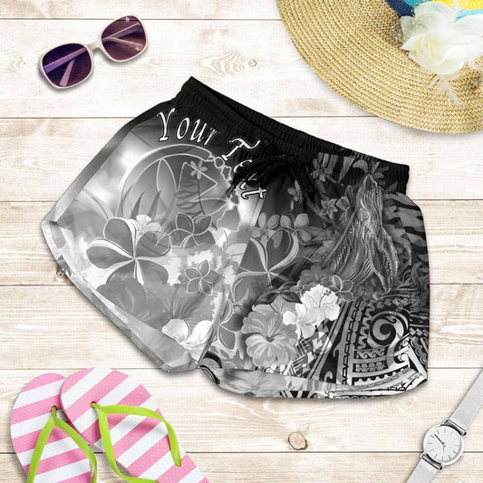 Polynesian Hawaii Custom Personalised Women Shorts - Kanaka Maoli Humpback Whale with Tropical Flowers (White)