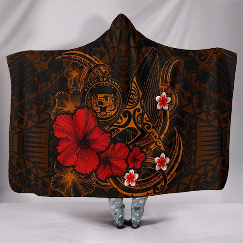 Polynesian Hawaii Hooded Blanket - Humpback Whale with Hibiscus (Golden)