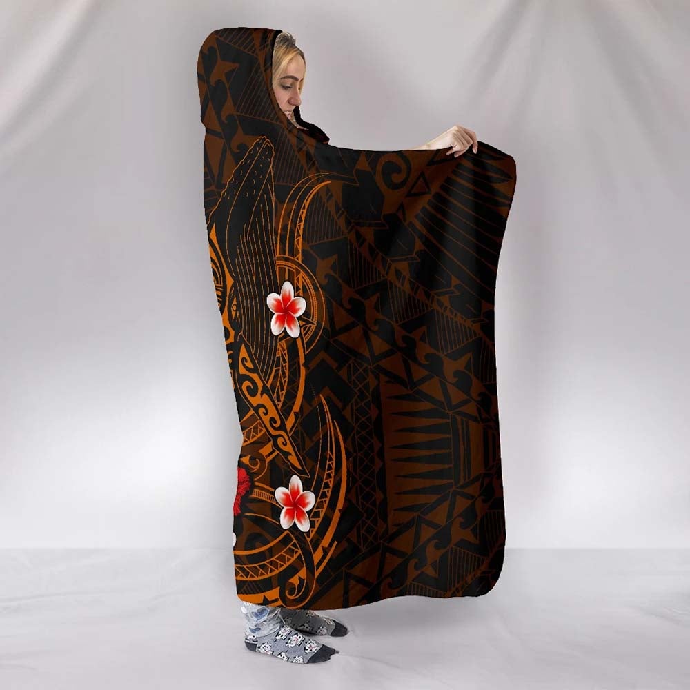 Polynesian Hawaii Hooded Blanket - Humpback Whale with Hibiscus (Golden)