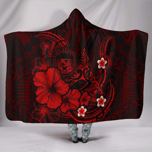 Polynesian Hawaii Hooded Blanket - Humpback Whale with Hibiscus (Red)