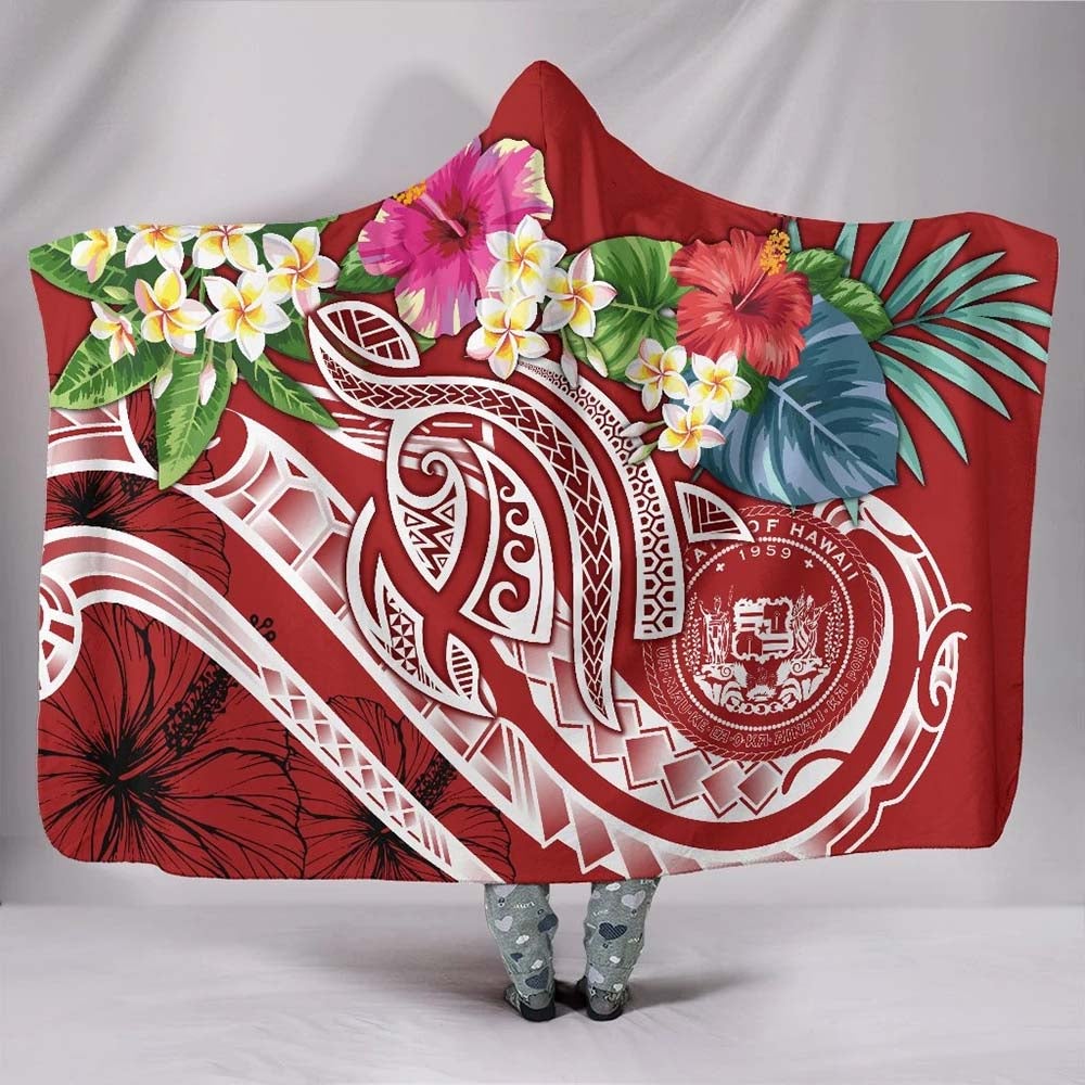 Polynesian Hawaii Hooded Blanket - Summer Plumeria (Red)