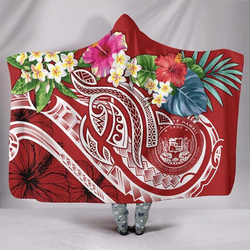 Polynesian Hawaii Hooded Blanket - Summer Plumeria (Red)