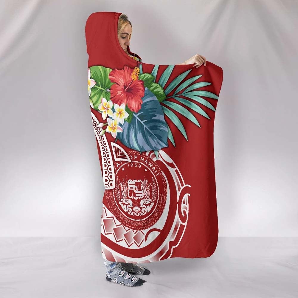 Polynesian Hawaii Hooded Blanket - Summer Plumeria (Red)