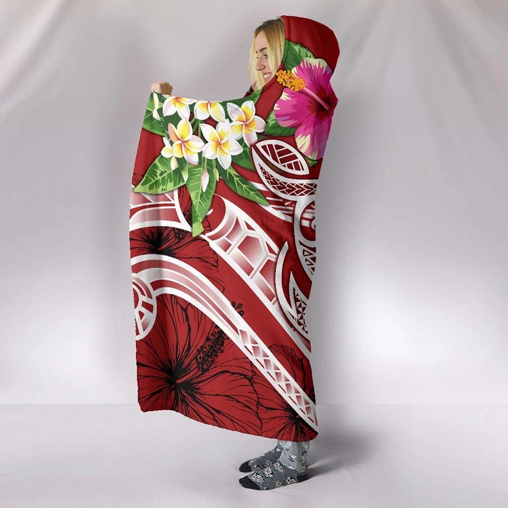 Polynesian Hawaii Hooded Blanket - Summer Plumeria (Red)