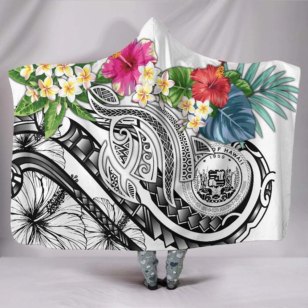 Polynesian Hawaii Hooded Blanket - Summer Plumeria (White)