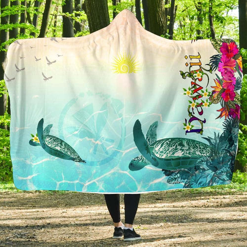 Polynesian Hawaii Hooded Blankets - View sea Hawaii with Turtle and Whale