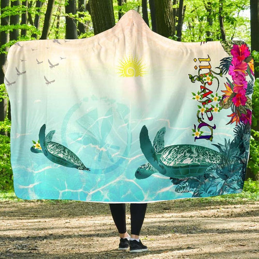 Polynesian Hawaii Hooded Blankets - View sea Hawaii with Turtle and Whale