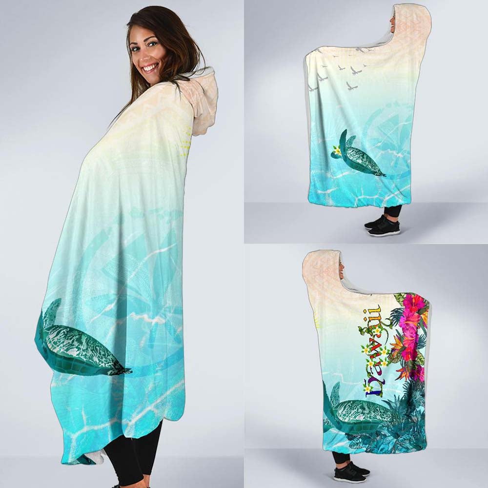 Polynesian Hawaii Hooded Blankets - View sea Hawaii with Turtle and Whale