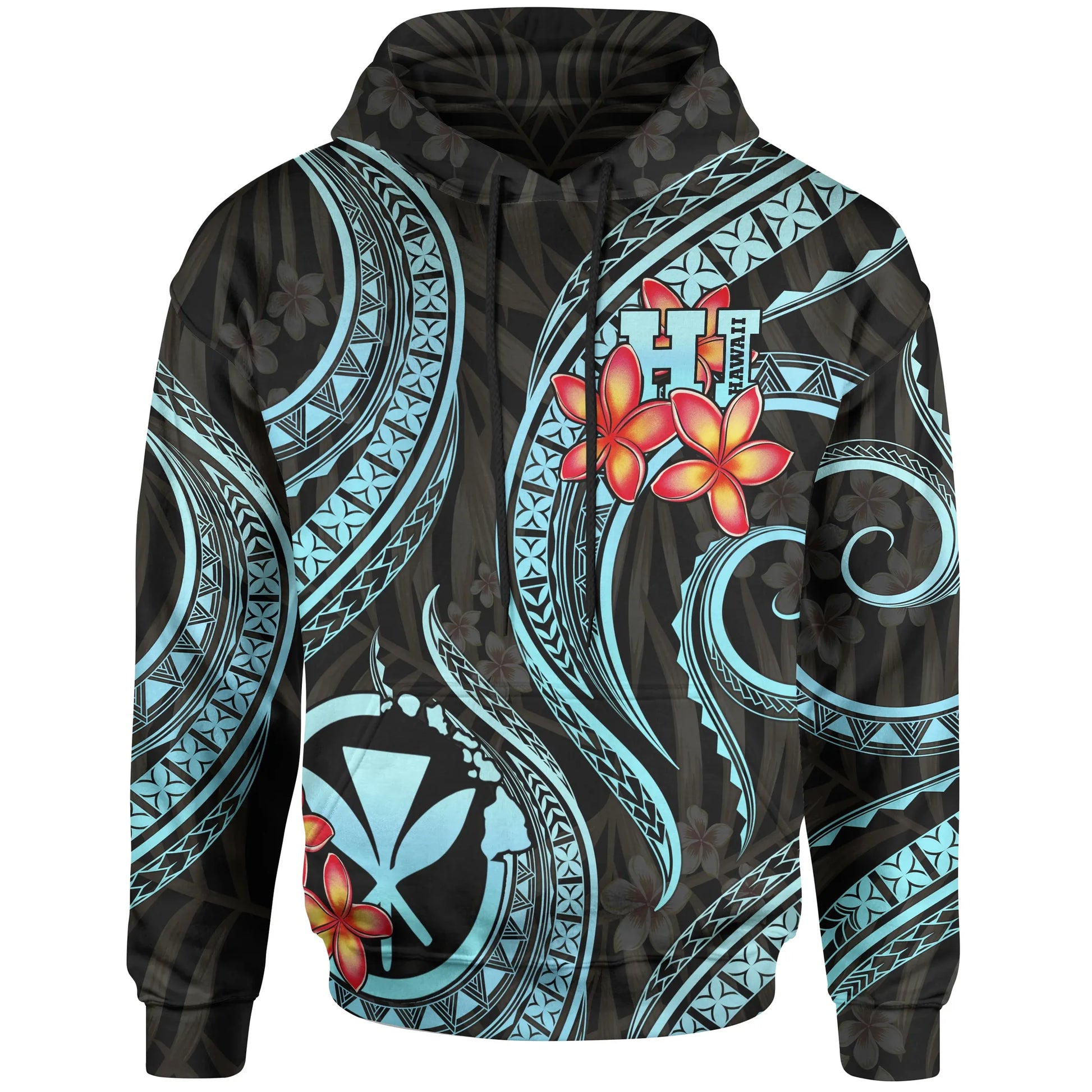 Polynesian Hawaii Hoodie - Turquoise Plumeria