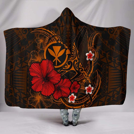Polynesian Hawaii Kanaka Maoli Hooded Blanket - Humpback Whale with Hibiscus (Golden)