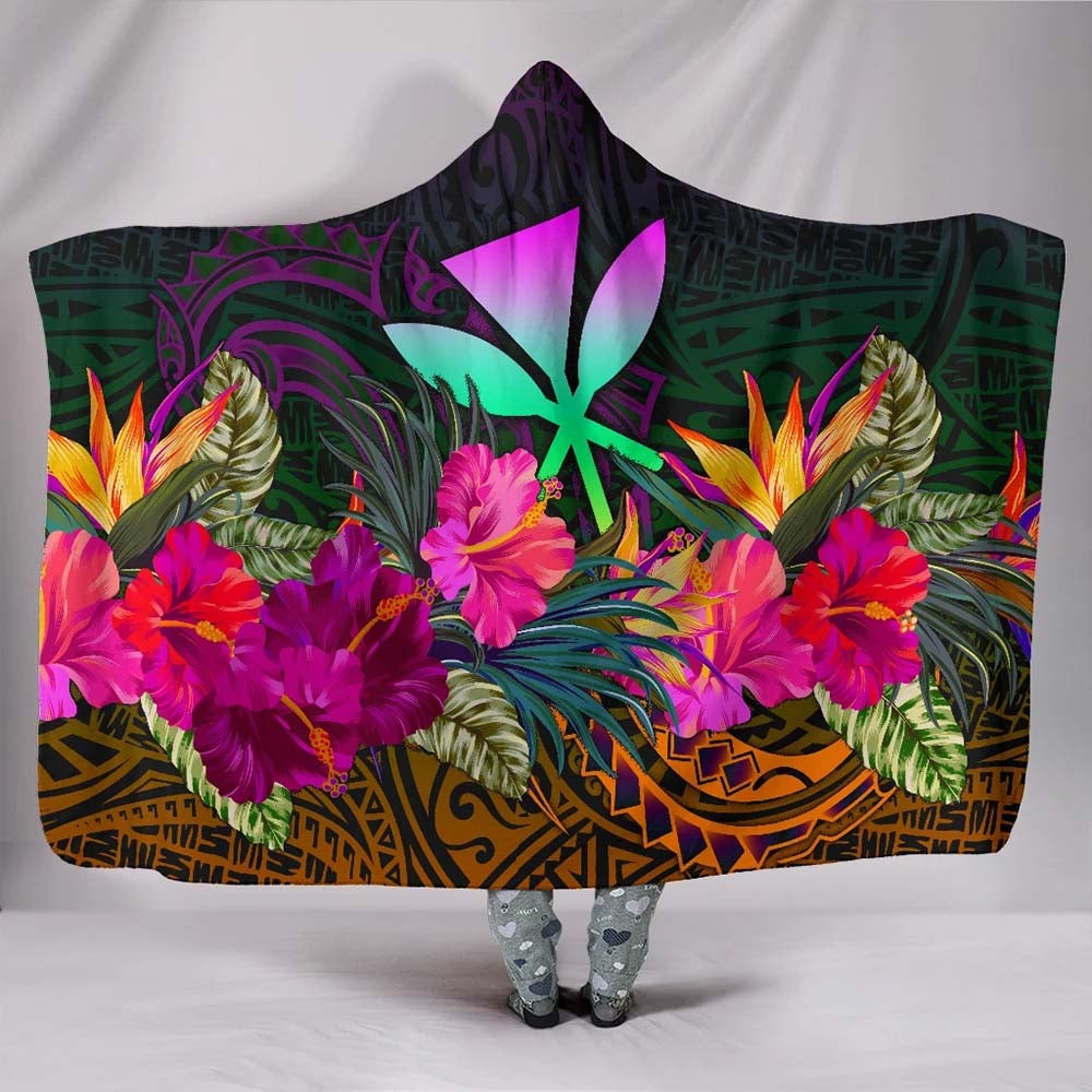 Polynesian Hawaii Kanaka Maoli Hooded Blanket - Summer Hibiscus