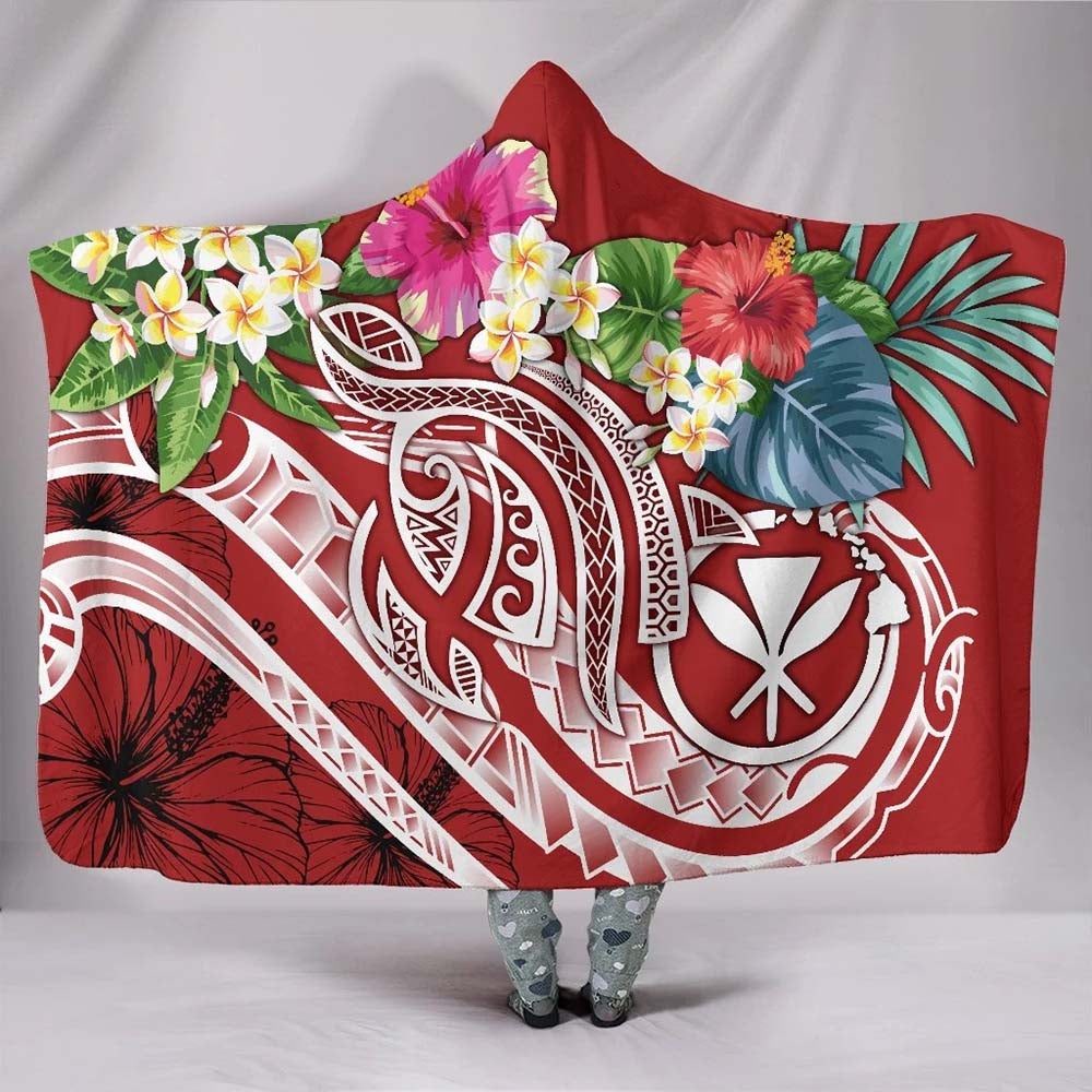 Polynesian Hawaii Kanaka Maoli Hooded Blanket - Summer Plumeria (Red)