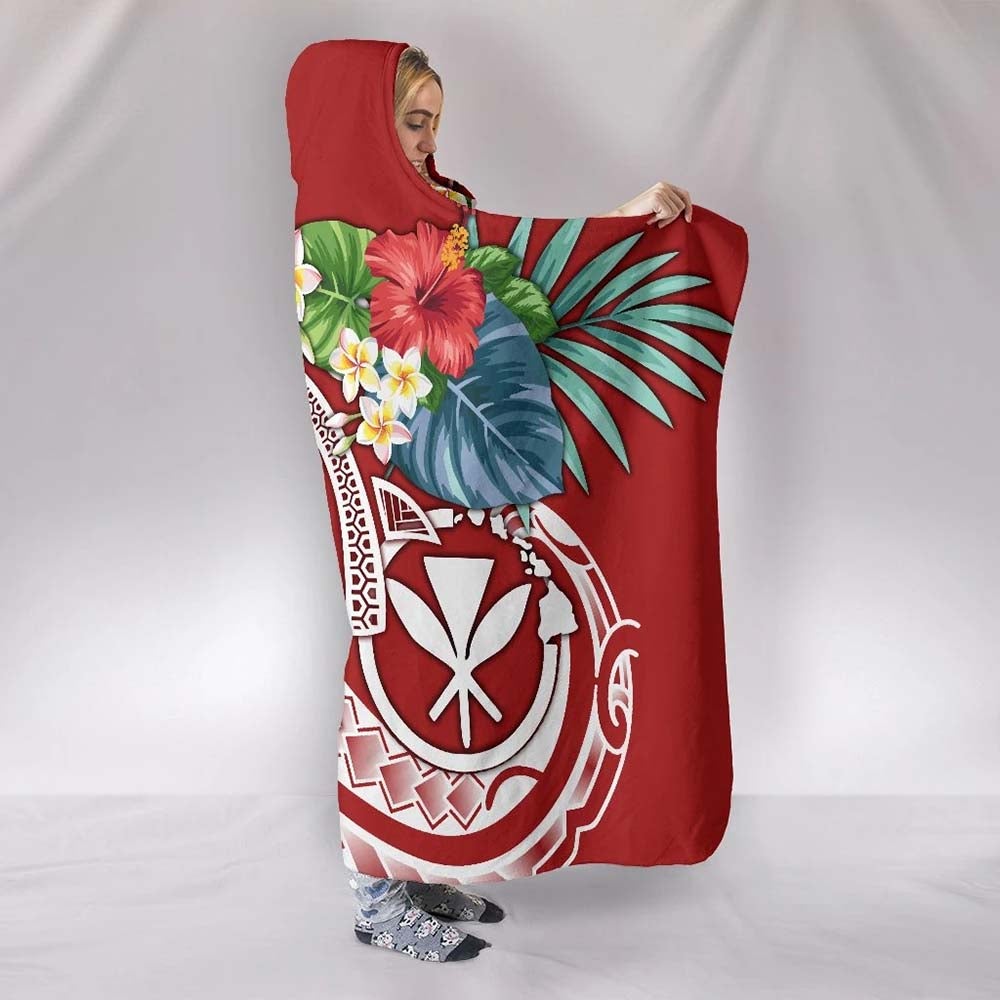 Polynesian Hawaii Kanaka Maoli Hooded Blanket - Summer Plumeria (Red)