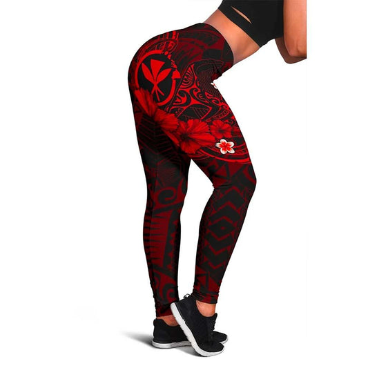 Polynesian Hawaii  Kanaka Maoli Legging - Humpback Whale with Hibiscus (Red)