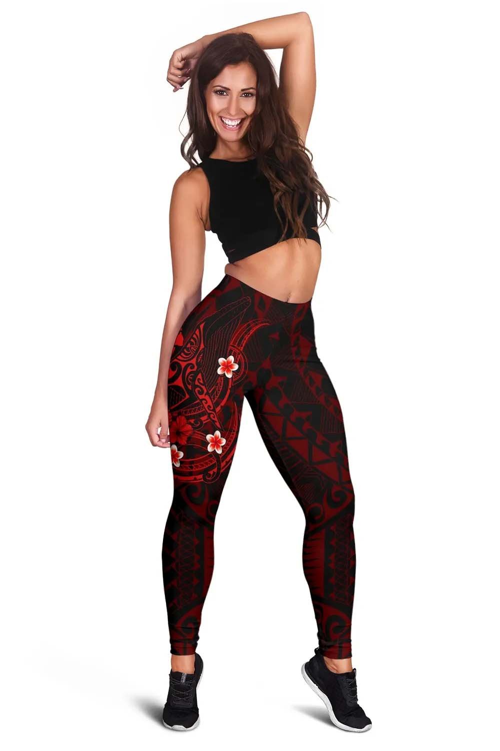 Polynesian Hawaii  Kanaka Maoli Legging - Humpback Whale with Hibiscus (Red)