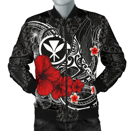 Polynesian Hawaii Kanaka Maoli Bomber Jacket - Humpback Whale with Hibiscus (White)