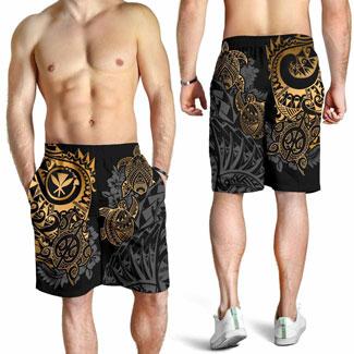 Polynesian Hawaii (Kanaka Maoli) Men Short - Gold Turtle Hibiscus Flowing