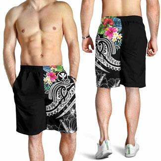 Polynesian Hawaii Kanaka Maoli Men Shorts - Summer Plumeria (Black)