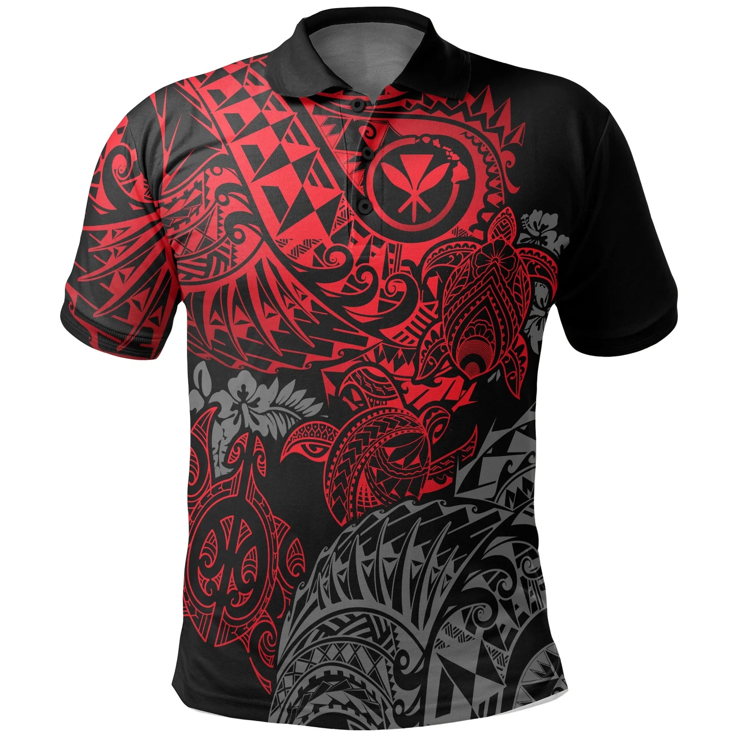 Hawaii Polo Shirt - Kanaka Maoli Polynesian Red Turtle Hibiscus Flowing