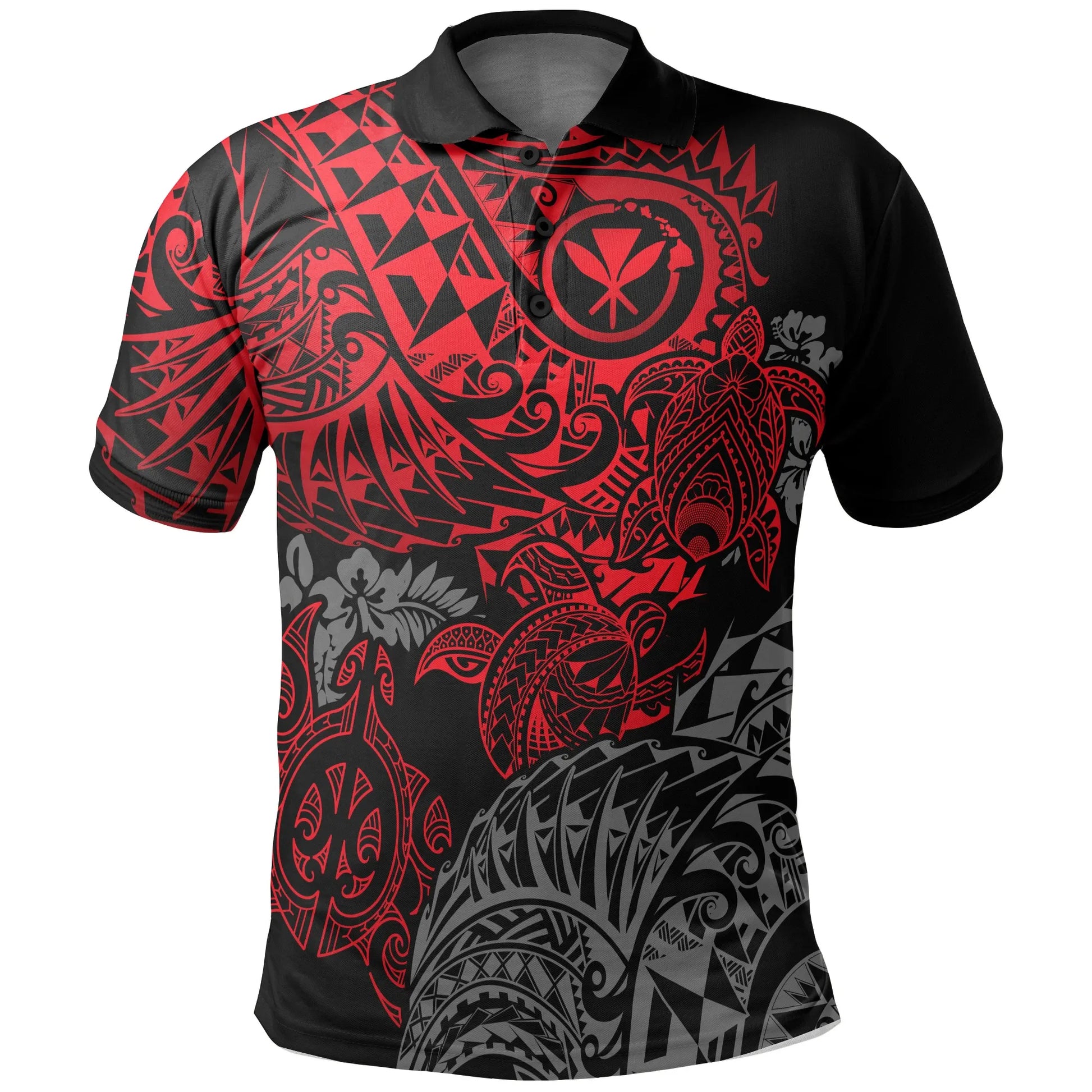 Hawaii Polo Shirt - Kanaka Maoli Polynesian Red Turtle Hibiscus Flowing
