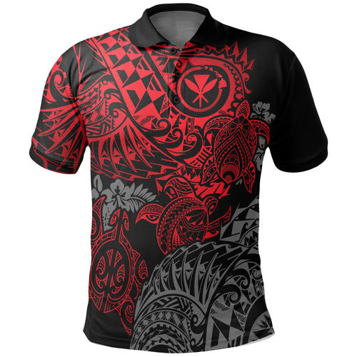 Hawaii Polo Shirt - Kanaka Maoli Polynesian Red Turtle Hibiscus Flowing