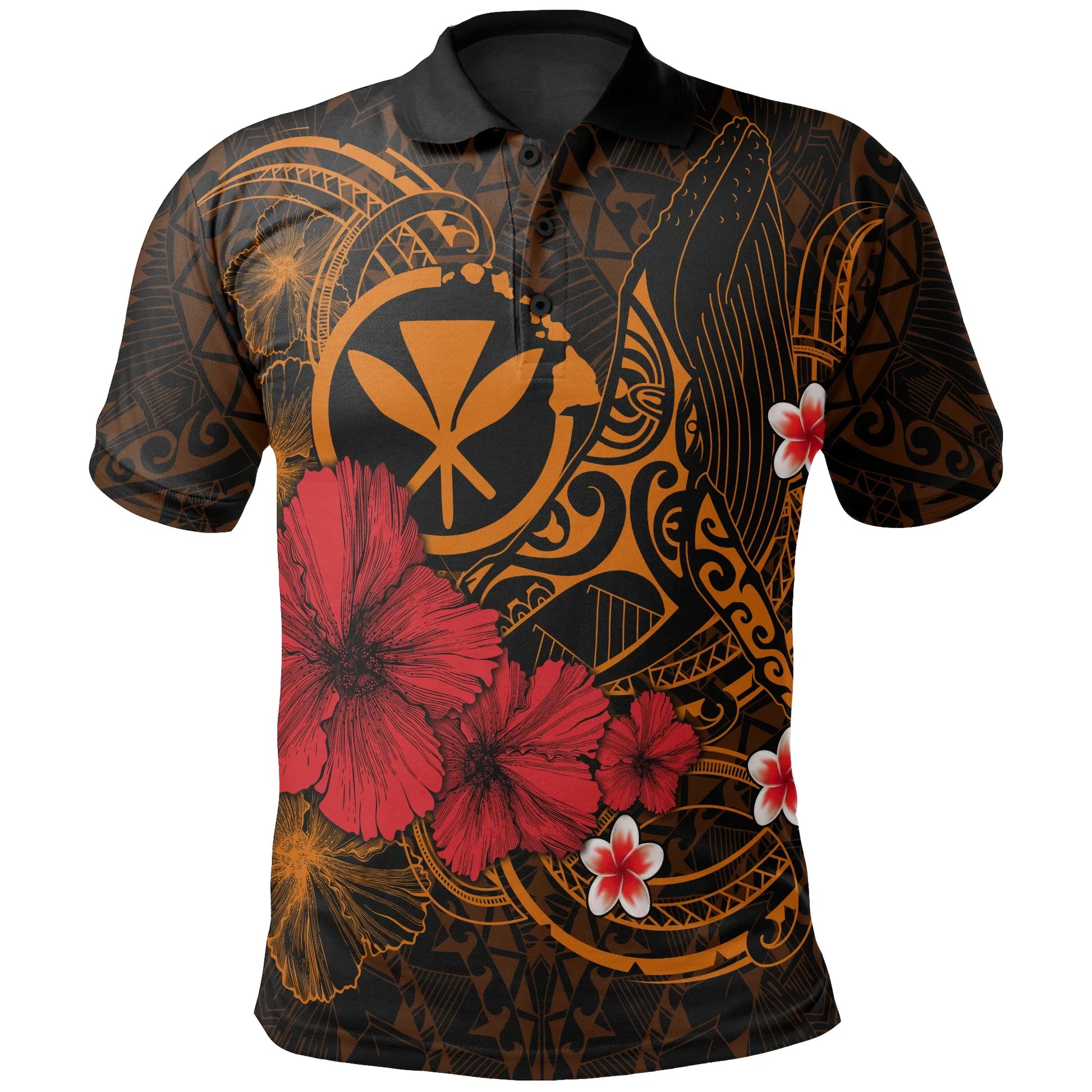 Polynesian Hawaii  Kanaka Maoli Polo Shirts - Humpback Whale with Hibiscus (Golden)